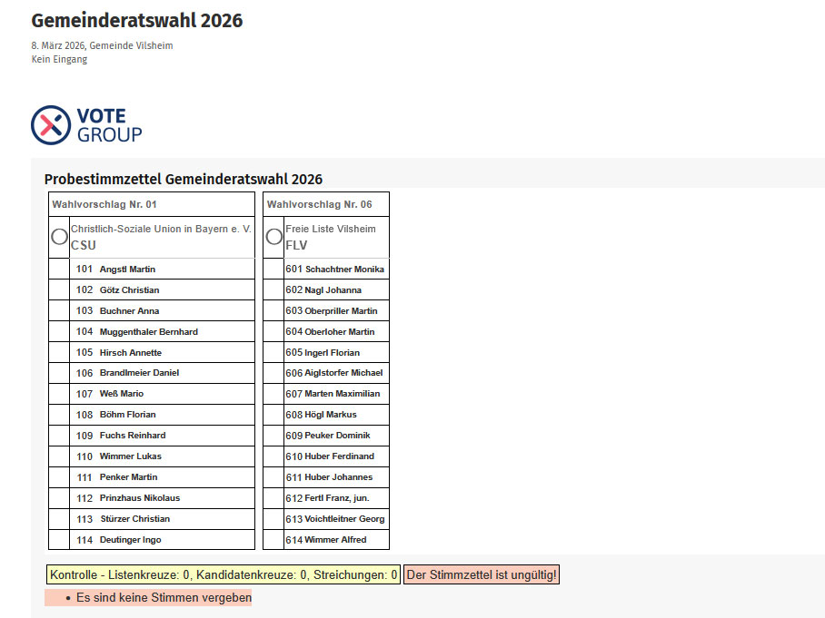 Probestimmzettel zur Gemeinderatswahl 2026 in Vilsheim
